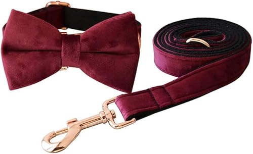 Weiche Hundehalsbänder mit Metallschnalle, handgefertigt, für Haustiere, Hunde, Zubehör, Stoff, Weinrot, Schleife, Halsband, Leine, Set, XL von JKDSAO