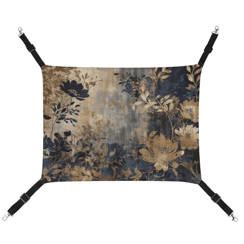 JKLQWH Katzen-Hängematte, mit goldfarbenen und schwarzen Blumen bedruckt, waschbar, weiche Outdoor-Katzenmatte, Haustier-Hängematte, Bett, verstellbar, mit verstellbaren Riemen und Metallhaken, für von JKLQWH