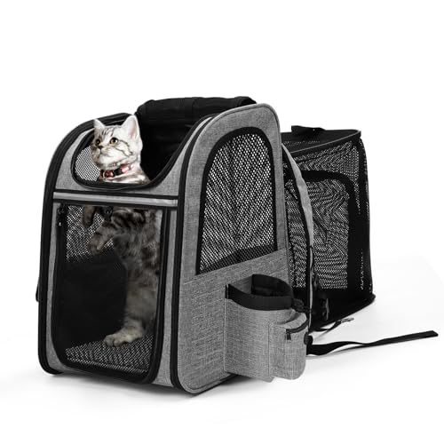 Erweiterbar Katzenrucksack - Hunderucksack bis 8kg, Faltbare Katzen Rucksack für Katzen Hunde mit Innerer Sicherheitsleine und Haustiermatte Katzen Transport Tasche max 42 * 28 * 60cm Grau von JKOKPMG