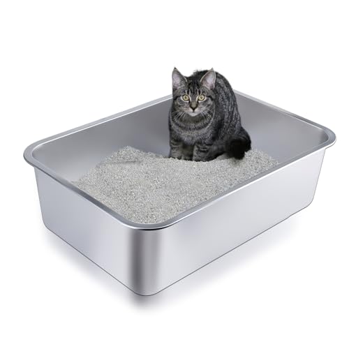 Katzentoilette aus Edelstahl, Metall-Katzentoilette mit hohen Seiten, antihaftbeschichtet, leicht zu reinigende Oberfläche für die Haustierpflege, robustes und langlebiges Design (39,6 cm L x 29,5 cm von JKQADWD