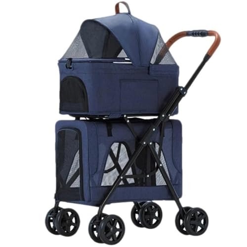 Doppelte Haustierwagen, Hundewagen 4 Räder Zubehör, Leichte Faltbare Wanne Atmungsaktiv, für Zwillinge/Mehrere Tiere, Reisegepäck mit Stauraum, Leicht Manövrierbar(Blue) von JLOZDM