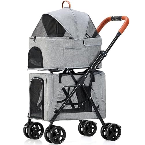 Doppelte Haustierwagen, Hundewagen 4 Räder Zubehör, Leichte Faltbare Wanne Atmungsaktiv, für Zwillinge/Mehrere Tiere, Reisegepäck mit Stauraum, Leicht Manövrierbar(Gray) von JLOZDM