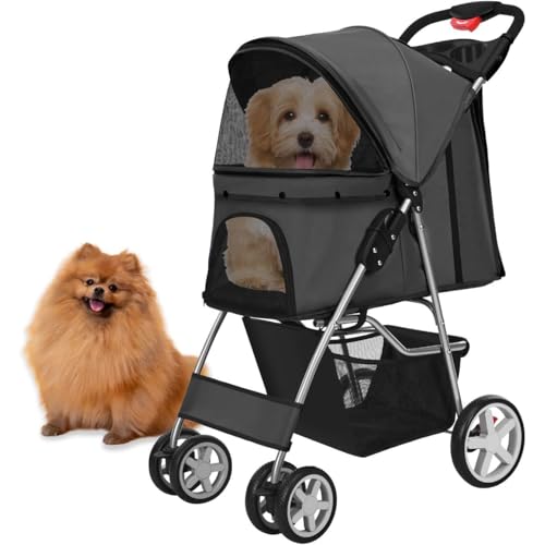 Haustierwagen, Hund-Katze Poussette - Klappbar 4 verriegelbare Räder, Sicherheitsgurt, Verstellbarer Schirm, Netzfenster, Stauraum/Tassenhalter für 15kg Haustiere(Black 1) von JLOZDM