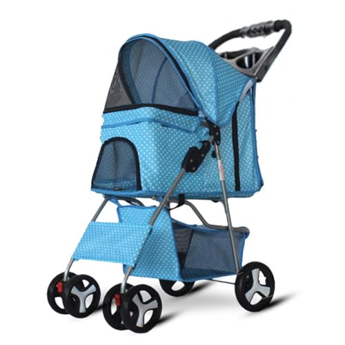 Haustierwagen, Hund-Katze Poussette - Klappbar 4 verriegelbare Räder, Sicherheitsgurt, Verstellbarer Schirm, Netzfenster, Stauraum/Tassenhalter für 15kg Haustiere(Blue) von JLOZDM