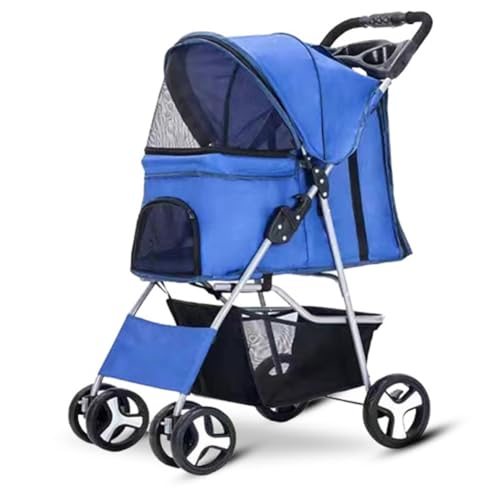 Haustierwagen, Hund-Katze Poussette - Klappbar 4 verriegelbare Räder, Sicherheitsgurt, Verstellbarer Schirm, Netzfenster, Stauraum/Tassenhalter für 15kg Haustiere(Blue 1) von JLOZDM