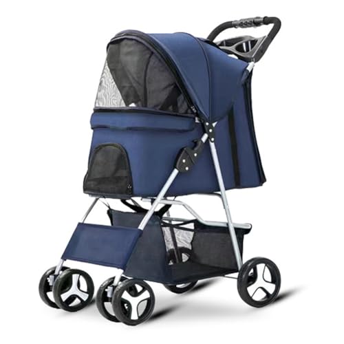 Haustierwagen, Hund-Katze Poussette - Klappbar 4 verriegelbare Räder, Sicherheitsgurt, Verstellbarer Schirm, Netzfenster, Stauraum/Tassenhalter für 15kg Haustiere(Blue 2) von JLOZDM