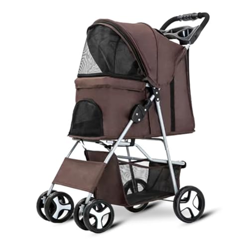 Haustierwagen, Hund-Katze Poussette - Klappbar 4 verriegelbare Räder, Sicherheitsgurt, Verstellbarer Schirm, Netzfenster, Stauraum/Tassenhalter für 15kg Haustiere(Brown) von JLOZDM