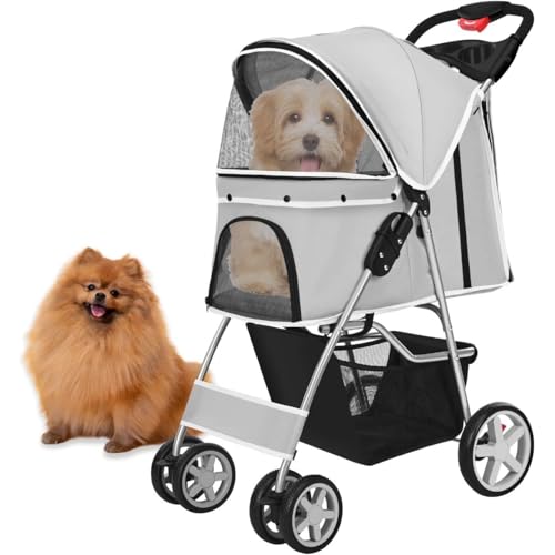 Haustierwagen, Hund-Katze Poussette - Klappbar 4 verriegelbare Räder, Sicherheitsgurt, Verstellbarer Schirm, Netzfenster, Stauraum/Tassenhalter für 15kg Haustiere(Gray) von JLOZDM