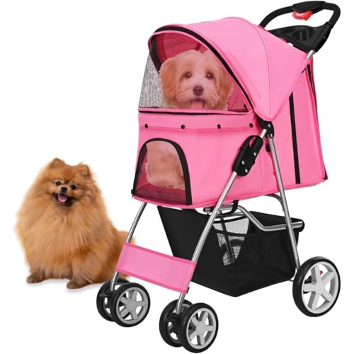 Haustierwagen, Hund-Katze Poussette - Klappbar 4 verriegelbare Räder, Sicherheitsgurt, Verstellbarer Schirm, Netzfenster, Stauraum/Tassenhalter für 15kg Haustiere(Pink) von JLOZDM