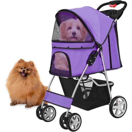 Haustierwagen, Hund-Katze Poussette - Klappbar 4 verriegelbare Räder, Sicherheitsgurt, Verstellbarer Schirm, Netzfenster, Stauraum/Tassenhalter für 15kg Haustiere(Purple) von JLOZDM