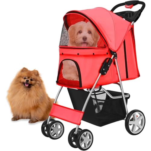 Haustierwagen, Hund-Katze Poussette - Klappbar 4 verriegelbare Räder, Sicherheitsgurt, Verstellbarer Schirm, Netzfenster, Stauraum/Tassenhalter für 15kg Haustiere(Red) von JLOZDM