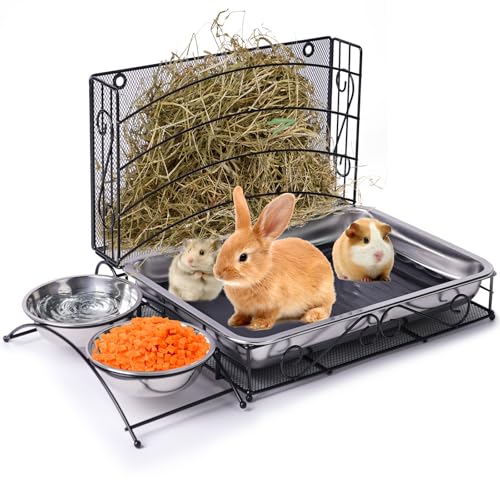JLUHYANN Kaninchen-Heu-Futterstation mit Katzentoilette, 3-in-1 Hasen-Futterstation aus Metall, kein Durcheinander, für Kaninchen, Heu, Halter, WC, mit Wasser-Futterstation, 2 Schalen für von JLUHYANN
