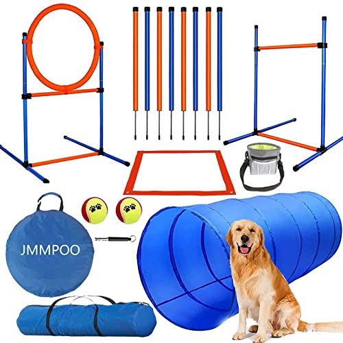 JMMPOO Agility Set Hunde, 65-Teiliges Agility Ausrüstung für Hundetraining Spiele mit Hundetunnel, Hürden, 8 Slalomstangen, Springring, 2 Tennis Ball Spielzeuge, Pause-Box, Leckerlibeutel, Tragetasche von JMMPOO