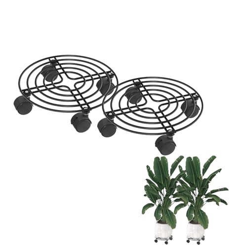 JNGLGO 2 Stück 30 cm Rund Pflanzenroller Metall, Blumentopf Untersetzer mit Abschließbaren Rollen für Außenbereich & Innenbereich, Schmiedeeisen Blumenroller für Dekorativ, Garten, Typ B von JNGLGO