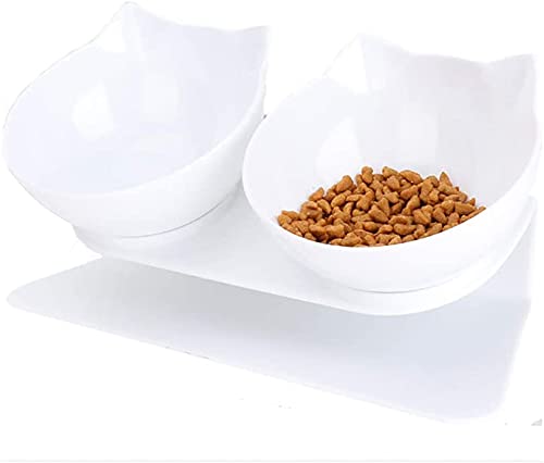 Purrbowl Orthopädischer Katzenfutterspender gegen Erbrechen, 15 Grad geneigtes Design, Nackenschutzständer erhöht, for Katzen und kleine Hunde /75 (Color : White Base and White Double Bowl) von JOEBO