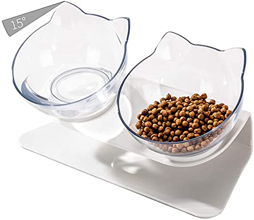 Purrbowl Orthopädischer Katzenfutterspender gegen Erbrechen, 15 Grad geneigtes Design, Nackenschutzständer erhöht, for Katzen und kleine Hunde /75 (Color : White Base and transparent Double Bowl) von JOEBO