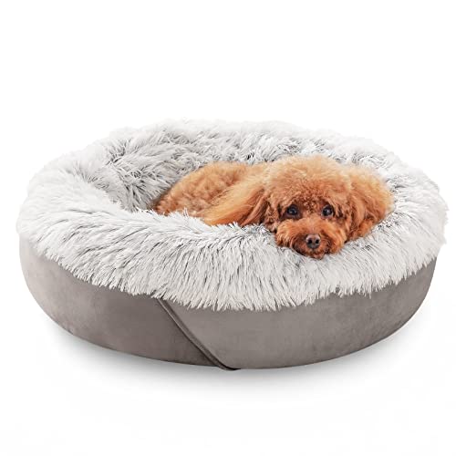 JOEJOY Calming Dog Bed & Cat Bed, Anti-Anxiety Donut Dog Bed for Small Dogs, Warming Soft Plush Fluffy Faux Fur Round Pet Puppy Cuddler Bed, Machine Washable and Anti-Slip Bottom, Grey von JOEJOY