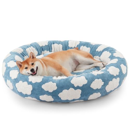 JOEJOY Donut-Hundebett, mittelgroß, niedlich, rund, beruhigendes Hundebett mit abnehmbarem, waschbarem Bezug, 76,2 cm, orthopädisches Haustierbett mit Jacquard-Plüsch, rutschfester Unterseite, Blau von JOEJOY