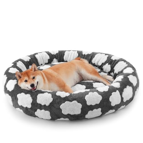 JOEJOY Donut-Hundebett, mittelgroß, niedlich, rund, beruhigendes Hundebett mit abnehmbarem, waschbarem Bezug, 76,2 cm, orthopädisches Haustierbett mit Jacquard-Plüsch, rutschfester Unterseite, Grau von JOEJOY