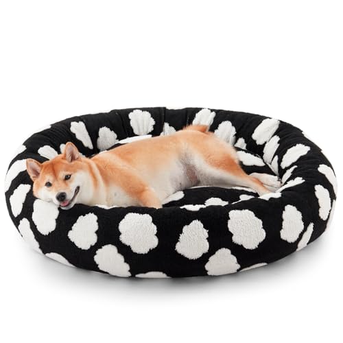 JOEJOY Donut Hundebett, mittelgroß, niedlich, rund, beruhigendes Hundebett mit abnehmbarem, waschbarem Bezug, 76,2 cm, orthopädisches Haustierbett mit Jacquard-Plüsch, rutschfester Unterseite, Schwarz von JOEJOY