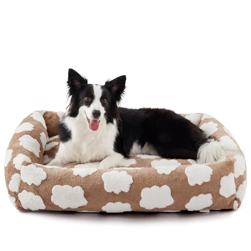 JOEJOY Hundebett, mittelgroß, rechteckig, waschbar, mit abnehmbarem Reißverschlussbezug, niedlich, weich, beruhigend, orthopädisch, Welpenbett mit Jacquard-Plüsch, rutschfester Unterseite von JOEJOY