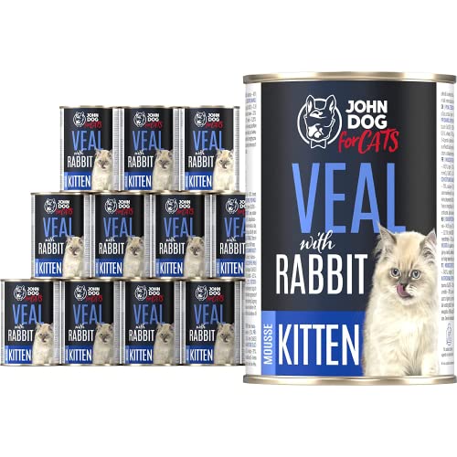 JD for Cats - Nassfutter für Kätzchen mit Kalbfleisch und Kaninchen - mit Kürbis und Lachsöl - hoher Fleischanteil - Dosen 400 g x 12 von JOHN DOG