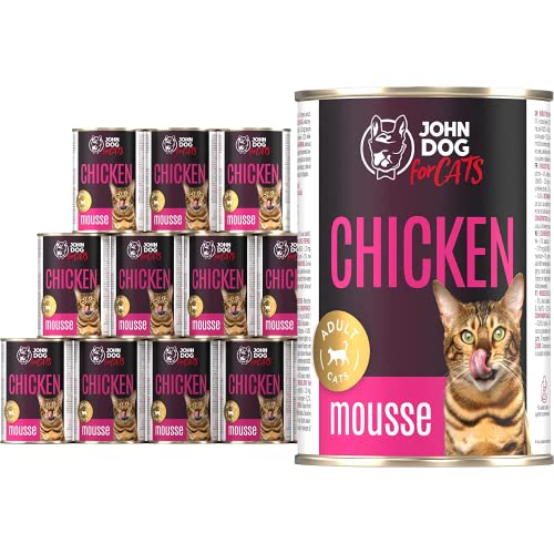 JD for Cats - Nassfutter für ausgewachsene Katzen mit Huhn - Mousse mit Kürbis und Lachsöl - hoher Fleischanteil - Dosen 400g x 12 von JOHN DOG