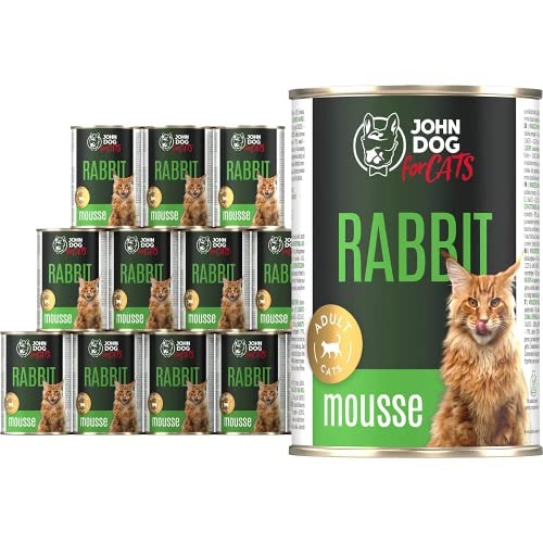 JD for Cats - Nassfutter für ausgewachsene Katzen mit Kaninchen - Mousse mit Süßkartoffel und Lachsöl - hoher Fleischanteil - Dosen 400g x 12 von JOHN DOG