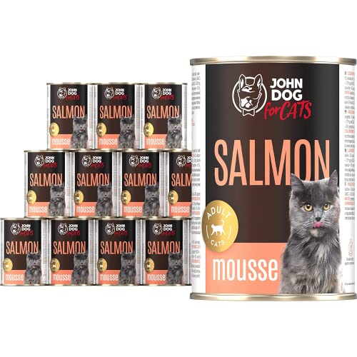 JD for Cats - Nassfutter für ausgewachsene Katzen mit Lachs - Mousse mit Zucchini und Lachsöl - hoher Fleischanteil - Dosen 400g x 12 von JOHN DOG