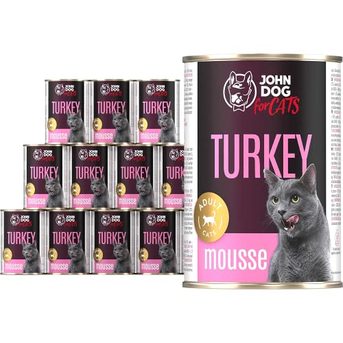 JD for Cats - Nassfutter für ausgewachsene Katzen mit Pute - Mousse mit Katzenminze und Fischöl - hoher Fleischanteil - Dosen 400g x 12 von JOHN DOG