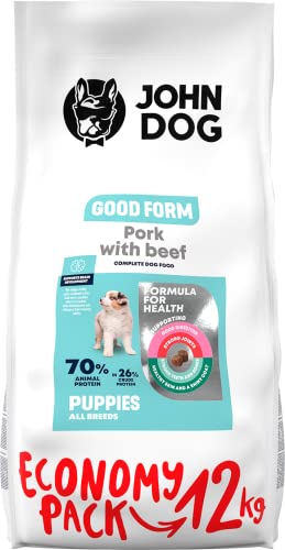 JOHN DOG Hundefutter für Welpen, Trockenfutter für Hunde, Hundetrockenfutter, Welpenfutter, Tierfutter, Haustierfutter, Gultenfrei - Schweinefleisch mit Rindfleisch - 12kg von JOHN DOG