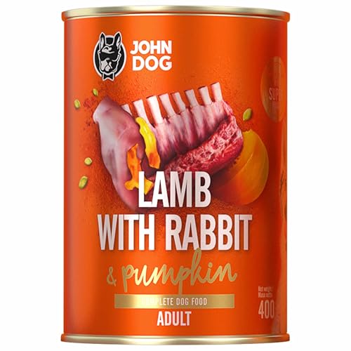 JOHN DOG Nassfutter für ausgewachsene Hunde Lamm mit Kaninchen - Getreidefreies Hundenassfutter - Hundefutter mit Kürbis und Kurkuma - 100% Natürlich 400g von JOHN DOG
