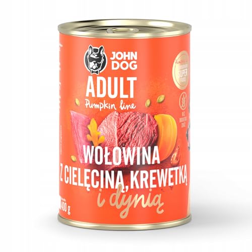 JOHN DOG Nassfutter für ausgewachsene Hunde Rind mit Kalb, Garnelen - Getreidefreies Hundenassfutter - Hundefutter mit Kürbis und Kurkuma - 100% Natürlich 400g JOHN DOG Nassfutter für ausgewachsene Hunde Rind mit Kalb, Garnelen - Getreidefreies Hundenassfutter - Hundefutter mit Kürbis und Kurkuma - 100% Natürlich 400g von JOHN DOG