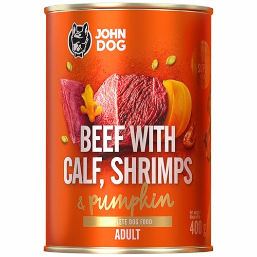 JOHN DOG Nassfutter für ausgewachsene Hunde Rind mit Kalb, Garnelen - Getreidefreies Hundenassfutter - Hundefutter mit Kürbis und Kurkuma - 100% Natürlich 400g von JOHN DOG