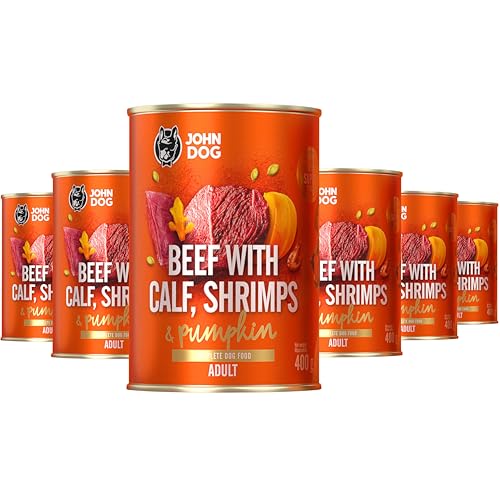JOHN DOG Nassfutter für ausgewachsene Hunde Rind mit Kalb, Garnelen - Getreidefreies Hundenassfutter - Hundefutter mit Kürbis und Kurkuma - 100% Natürlich 6 x 400g von JOHN DOG
