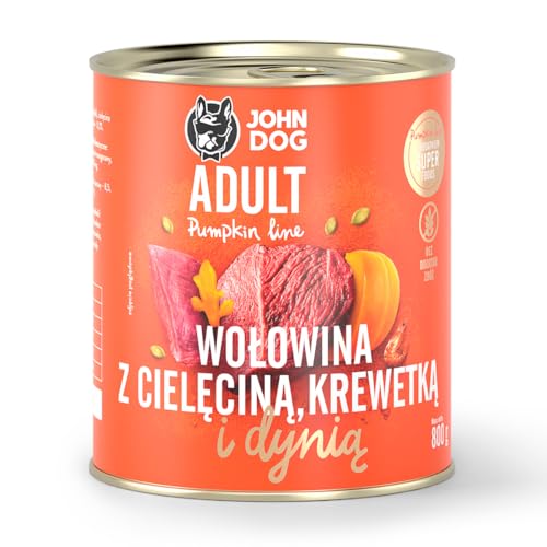 JOHN DOG Nassfutter für ausgewachsene Hunde Rind mit Kalb, Garnelen - Getreidefreies Hundenassfutter - Hundefutter mit Kürbis und Kurkuma - 100% Natürlich 800g JOHN DOG Nassfutter für ausgewachsene Hunde Rind mit Kalb, Garnelen - Getreidefreies Hundenassfutter - Hundefutter mit Kürbis und Kurkuma - 100% Natürlich 800g von JOHN DOG