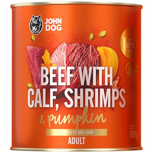 JOHN DOG Nassfutter für ausgewachsene Hunde Rind mit Kalb, Garnelen - Getreidefreies Hundenassfutter - Hundefutter mit Kürbis und Kurkuma - 100% Natürlich 800g von JOHN DOG
