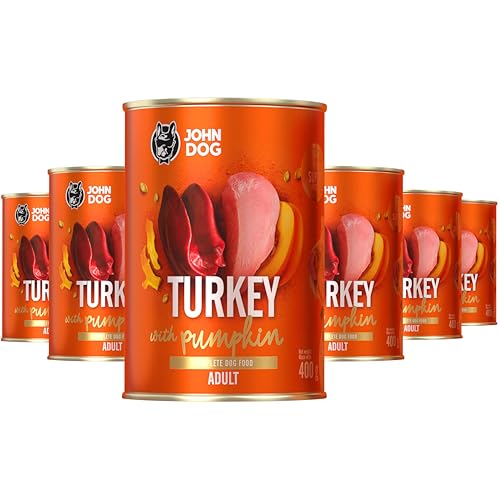 JOHN DOG Nassfutter für ausgewachsene Hunde Truthahn - Getreidefreies Hundenassfutter - Hundefutter mit Kürbis und Kurkuma - 100% Natürlich 6 x 400g von JOHN DOG