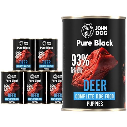 JOHN DOG Hundenassfutter Pure Black Hirsch - Premium Getreidefreies Nassfutter mit 93% Fleisch - Monoprotein Hundefutter für Welpen 6 x 400g von JOHN DOG