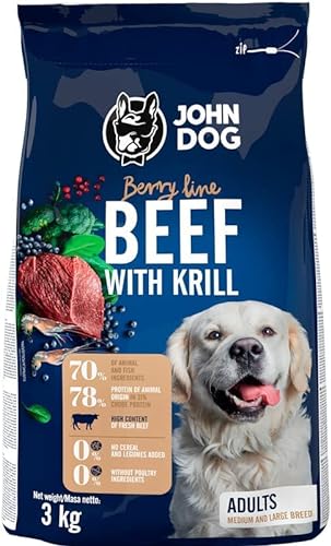 JOHN DOG Trockenfutter für Hunde Berry Line Rindfleisch mit Krill - Für Erwachsene Hunde mittlerer und großer Rassen - Getreidefrei und hoher Fleischanteil 3 kg von JOHN DOG