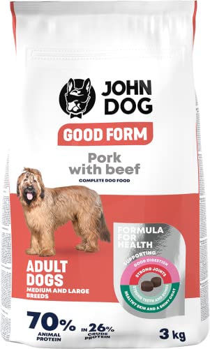 JOHN DOG Hundefutter für Erwachsene Hunde, Trockenfutter für Hunde, Hundetrockenfutter, Tierfutter, Haustierfutter, Gultenfrei - Schweinefleisch mit Rindfleisch - 3kg von JOHN DOG