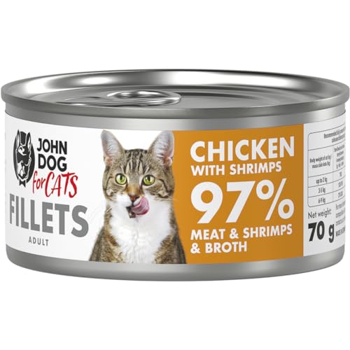 John Dog for Cats – komplette Filets für ausgewachsene Katzen – Huhn mit Garnelen – hoher Fleischanteil – Gute Calcium- und Phosphorwerte – 70 g x 12 von JOHN DOG