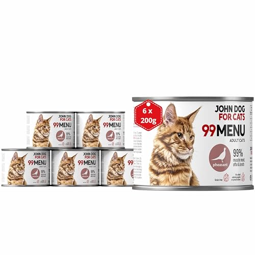 Katzennassfutter ohne Zucker und Getreide - Fasan & Huhn - Katzenfutter Nass mit 99% Fleischanteil - Nassfutter mit 100% frischen Zutaten für ausgewachsene Katzen - JD for Cats 99 MENU - 200g x 6 von JOHN DOG