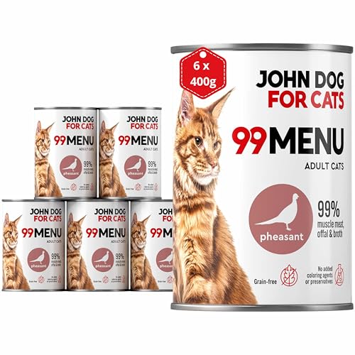 Katzennassfutter ohne Zucker und Getreide - Fasan & Huhn - Katzenfutter Nass mit 99% Fleischanteil - Nassfutter mit 100% frischen Zutaten für ausgewachsene Katzen - JD for Cats 99 MENU - 400g x 6 von JOHN DOG