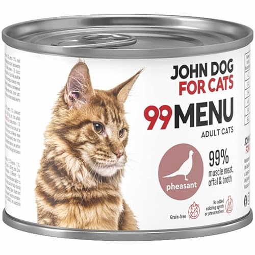 Katzennassfutter ohne Zucker und Getreide - Fasan & Huhn - Katzenfutter Nass mit 99% Fleischanteil - Nassfutter mit 100% frischen Zutaten für ausgewachsene Katzen - John Dog for Cats 99 MENU - 200g von JOHN DOG