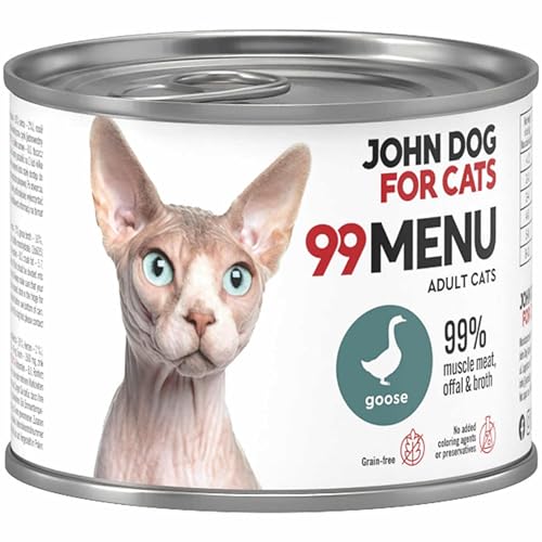 Katzennassfutter ohne Zucker und Getreide - Gans & Huhn - Katzenfutter Nass mit 99% Fleischanteil - Nassfutter mit 100% frischen Zutaten für ausgewachsene Katzen - John Dog for Cats 99 MENU - 200g von JOHN DOG