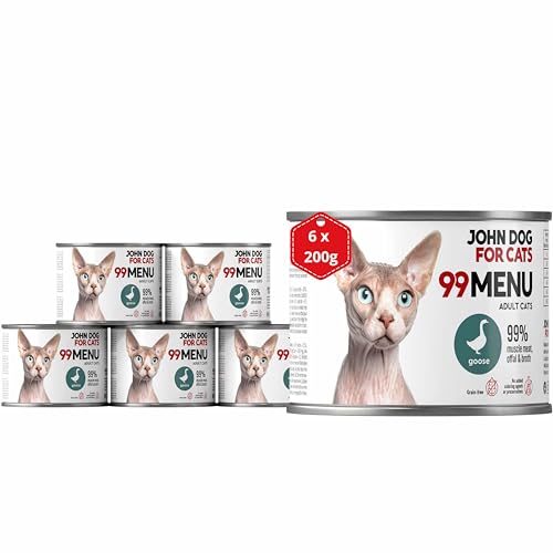Katzennassfutter ohne Zucker und Getreide - Gans & Huhn - Katzenfutter Nass mit 99% Fleischanteil - Nassfutter mit 100% frischen Zutaten für ausgewachsene Katzen - John Dog for Cats 99 MENU - 200g x 6 von JOHN DOG