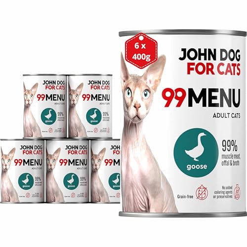 Katzennassfutter ohne Zucker und Getreide - Gans & Huhn - Katzenfutter Nass mit 99% Fleischanteil - Nassfutter mit 100% frischen Zutaten für ausgewachsene Katzen - John Dog for Cats 99 MENU - 400g x 6 von JOHN DOG