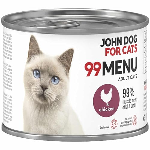 Katzennassfutter ohne Zucker und Getreide - Huhn - Katzenfutter Nass mit 99% Fleischanteil - Nassfutter mit 100% frischen Zutaten für ausgewachsene Katzen - John Dog for Cats 99 MENU - 200g von JOHN DOG