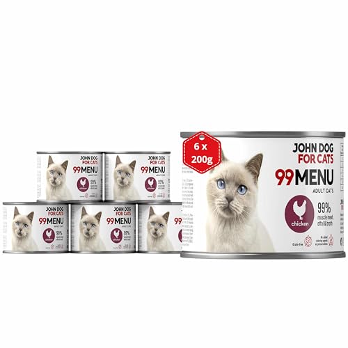 Katzennassfutter ohne Zucker und Getreide - Huhn - Katzenfutter Nass mit 99% Fleischanteil - Nassfutter mit 100% frischen Zutaten für ausgewachsene Katzen - John Dog for Cats 99 MENU - 200g x 6 von JOHN DOG